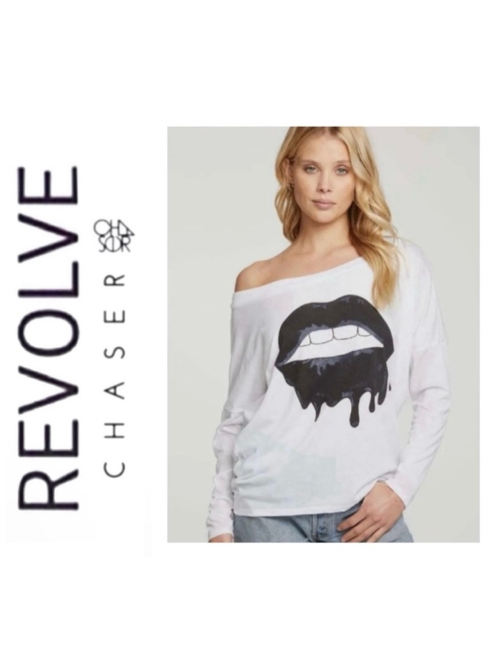 NWT Revolve x Chaser Drippy Black Lips White Long Sleeve Tee